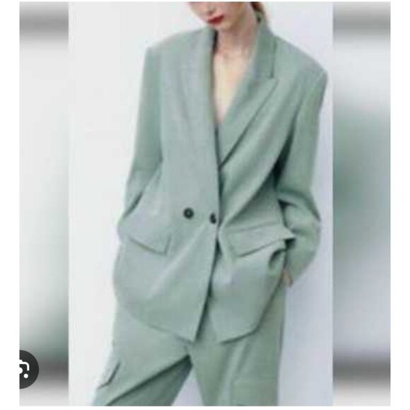 ZARA Blazer Womens Medium Sage Green Double Breasted Notch Lapel Flap Pockets - Picture 1 of 4